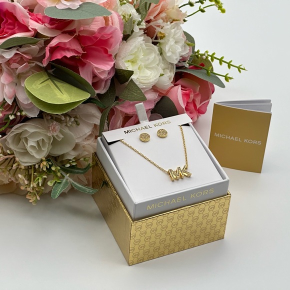 Michael Kors Gold-Tone Brass Logo Necklace and Earrings Set - Picture 1 of 9